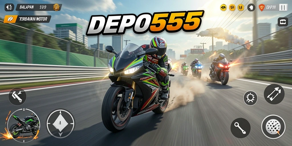 Tangkapan layar DEPO555 menampilkan balapan motor yang mendebarkan dengan grafik canggih.