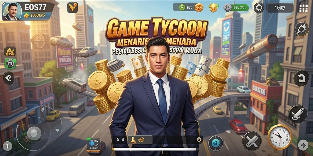 Tampilan gameplay menarik dari EOS77 dengan elemen Tycoon yang mendalam.